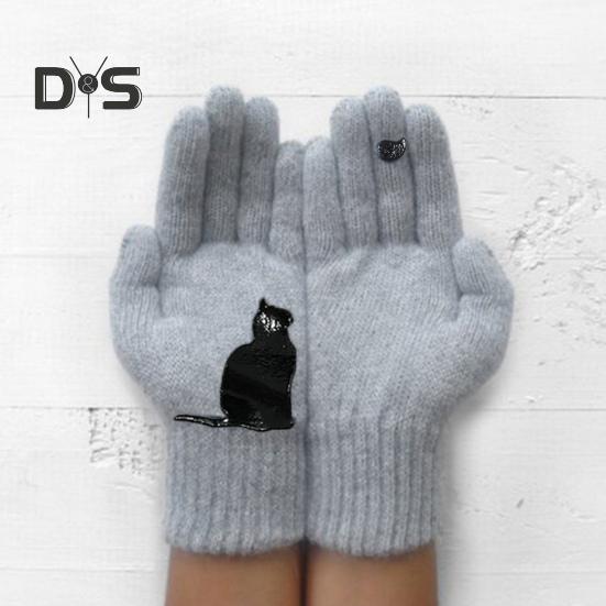 1 Pair Winter Knitted Gloves Thick Plush Solid Color Cat And Bird Printing High Elasticity Windproof Keep Warm Cycling Gloves