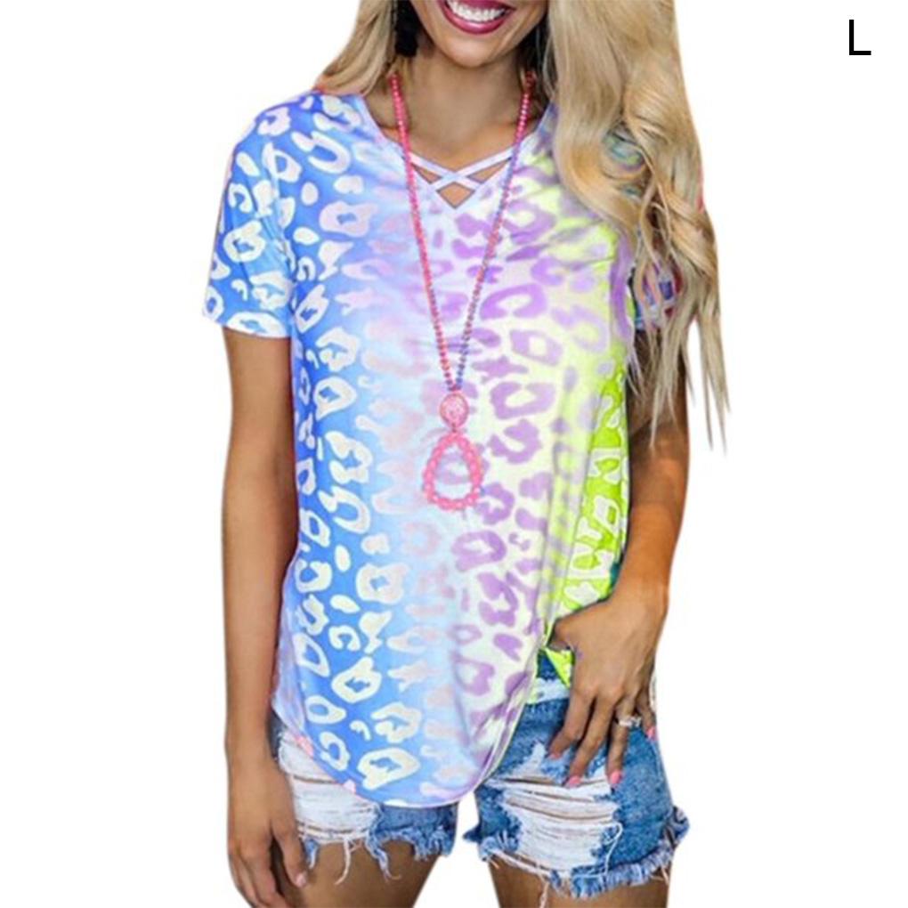 Women Tie Dyed Leopard Printed V Neck Short Sleeve Shirt