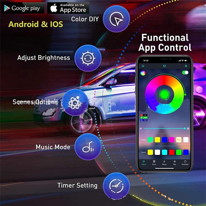 LED-Auto-Innenraum-Umgebungsstreifenlichter, RGB-Faseroptik-Atmosphären-Neon-Beleuchtungsset mit APP-Fernbedienung, Auto-Dekorationslampen