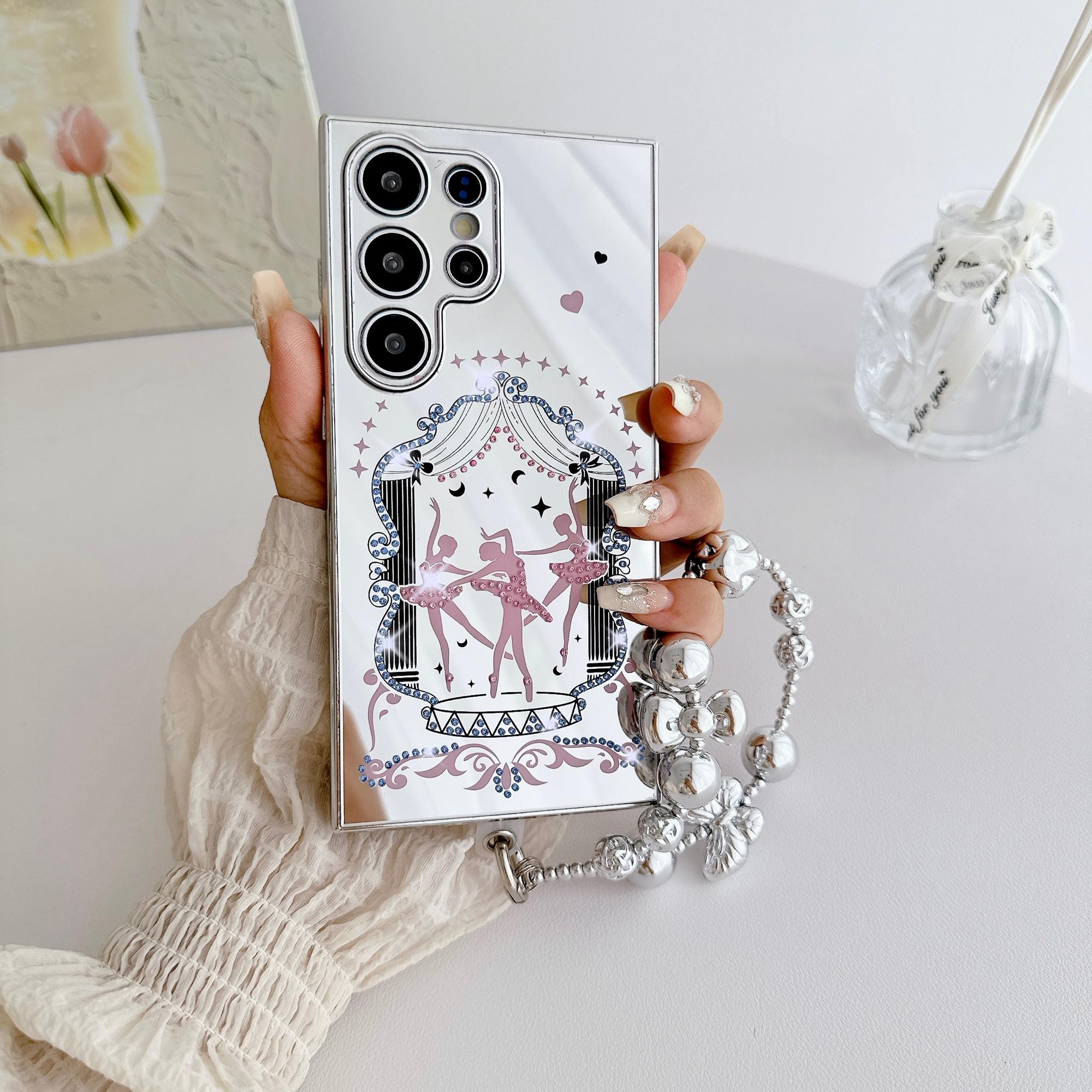 

For Samsung Galaxy S24 Ultra Case IMD Silver Finish TPU+PC Rhinestones Decor Phone Cover with Bracelet Chain Dancers