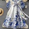 Vestido de Fiesta Boho para Mujer Impresión Floral Preciosa Gasa Manga de Farol Cierre de Cordones Cruzado Cuello en V Empalme de Banda de Satén