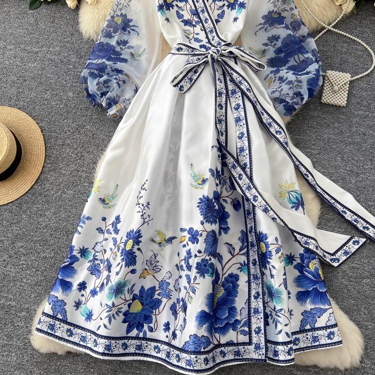 Vestido de Fiesta Boho para Mujer Impresión Floral Preciosa Gasa Manga de Farol Cierre de Cordones Cruzado Cuello en V Empalme de Banda de Satén