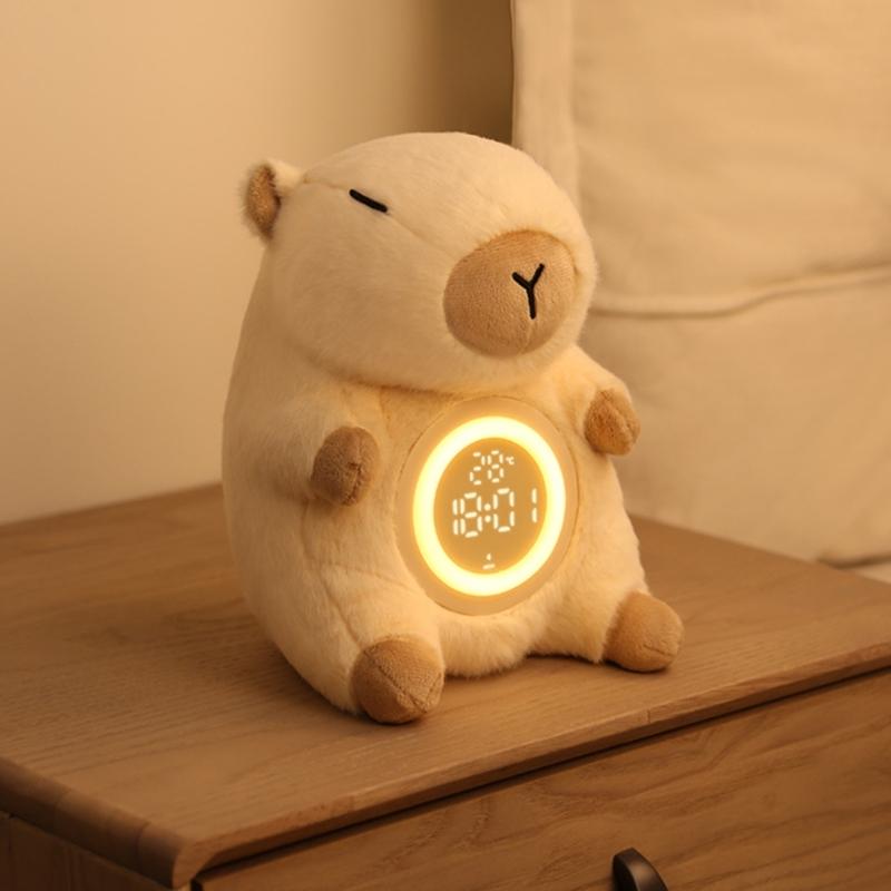 Kinder Plüsch Wecker mit Capybara-Thema und einstellbarer Helligkeit Nachtlicht 2 Alarme Schlummerfunktion USB-wiederaufladbar