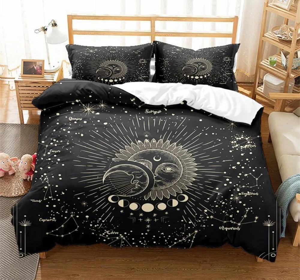 Black Sun Moon Star Bedding Set Bohemian Totem Line Duvet Cover Pillowcases Bedlinen Adults Bedclothes Twin Full Queen King Size