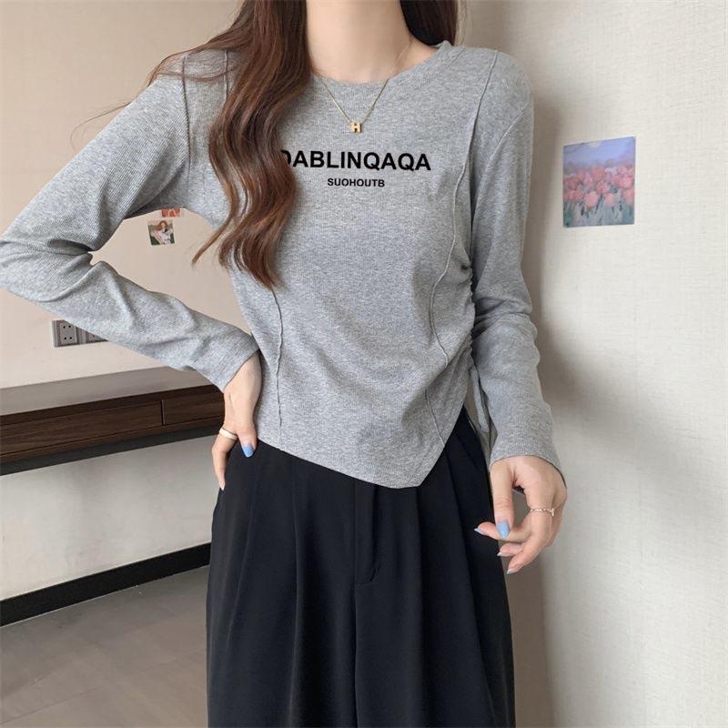 

Футболка с длинными рукавами и французским круглым вырезом для женщин на весну и осень, новый дизайн, однотонный короткий тонкий топ с принтом S серый