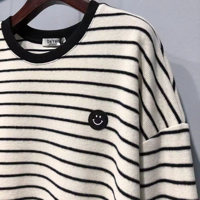 Plus Size Women Korean Style Smiley Face Striped Knitted T-shirt Autumn Bottoming Shirt Casual Loose Pullover Long Sleeve Tops