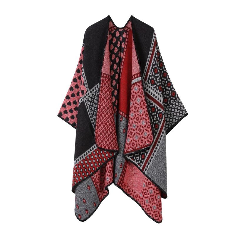 Vintage Geometric Diamond Print Open Front Poncho Cape Thick Knit Travel Blanket Wrap Shawl