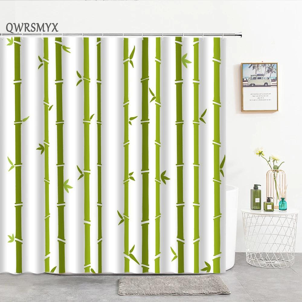 Waterproof Ink Painting Bamboo Leaves Bird Shower Curtains, Mountain Water Plant Landscape, Bathroom Curtain, Home Decor