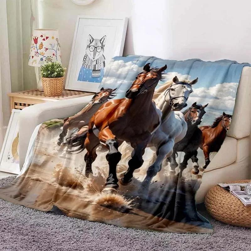 3D Cartoon Horse Print Flannel Throw Blanket – Soft Warm Picnic Blanket, Retro Home & Travel Birthday Gift, Cozy Comfort