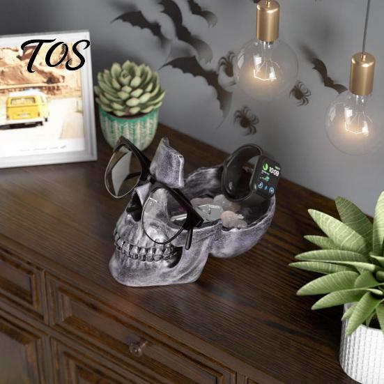 Distressed Skull Ornament Resin Multifunctional Storage Tray, Gothic Eyeglasses Holder Jewelry Organizer for Unique Eyeglass Keys Coins Trinkets,