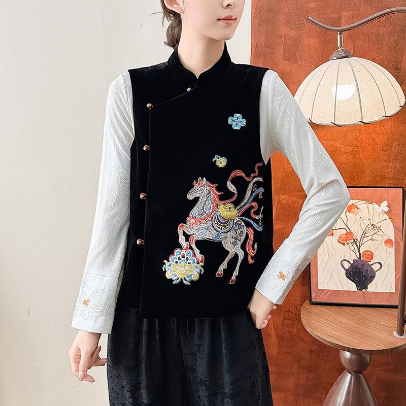 2026 Year of the Horse Silk Velvet Embroidered Gilet - Early Spring Chinese Style