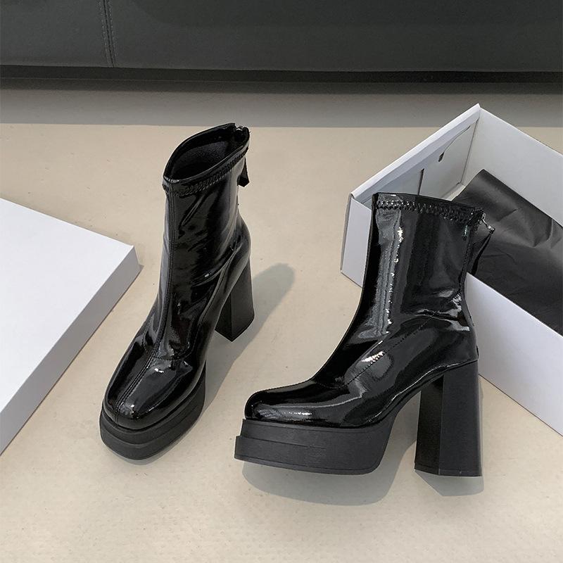 Schwarze Retro-Kurzstiefel mit hohem Absatz und dicker Sohle im britischen Stil, Damenschuhe, kniehoch und schmal