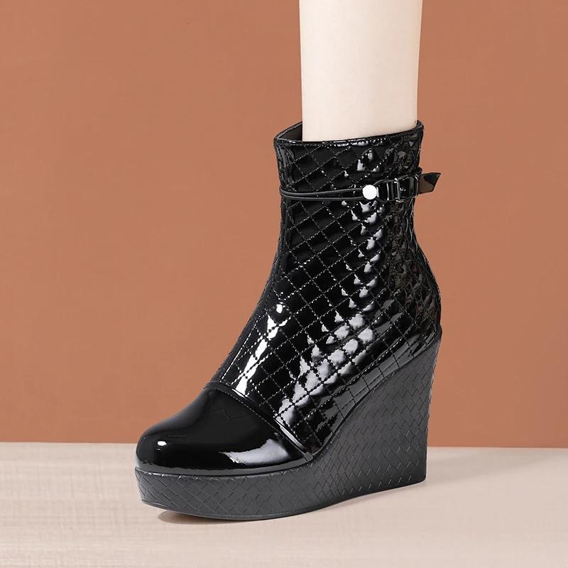 10cm Small Size 33-43 Genuine Leather Boots Women's Platform Wedges Shoes 2025 Winter High Heels Warm Fur Ankle Boots Office Mom