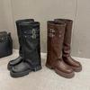 Cowhide version~ Autumn and winter retro belt buckle women's boots long tube thick heel sleeve fashion boots thick-soled trouser tube boots long bo
