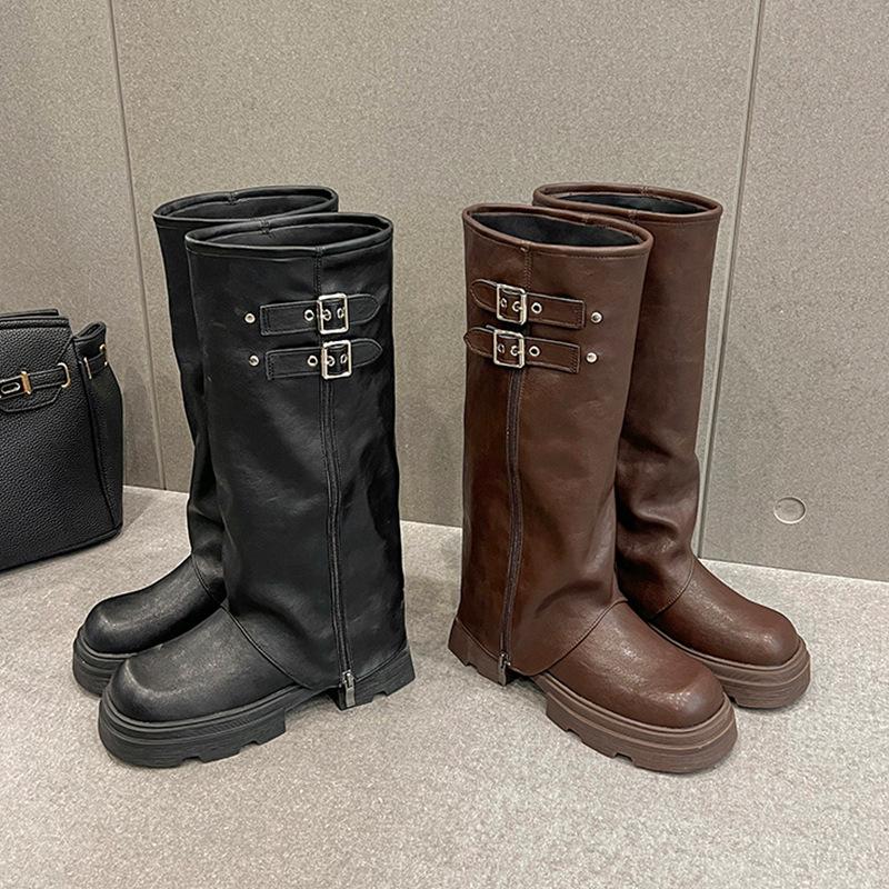 Cowhide Version~ Autumn and Winter Retro Belt Buckle Women's Boots Long Tube Thick Heel Sleeve Fashion Boots Thick-soled Trouser Tube Boots Long Bo