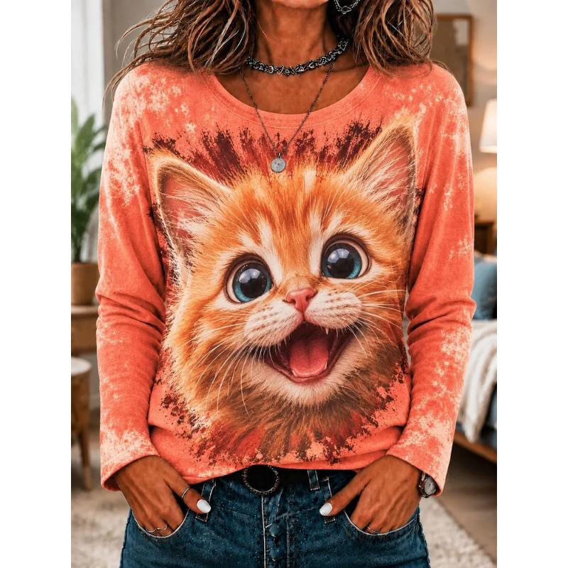 Fashion Women's Crew Neck Long Sleeve 3D Casual Color Printing Casual Long Sleeve Crew Neck T-Shirt