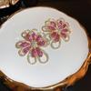Exaggerated Rhinestone Flower Earrings for Women  Personality Trend Pink Stud Earring Temperament Luxury Party Date Zircon