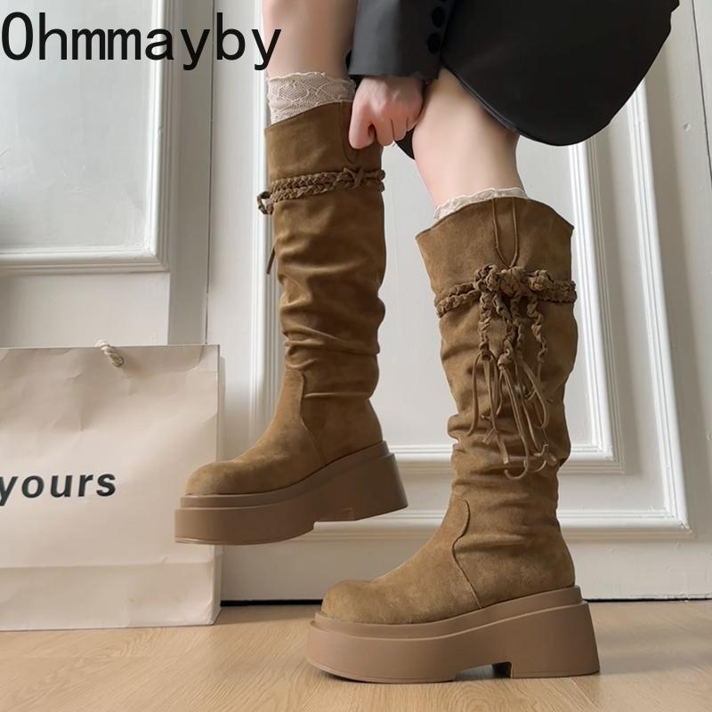 Platform Thick Heel Women Western High Boots Designer Tassel Slip On Shoes Autumn Winter Ladies Punk Vintage Long Booties