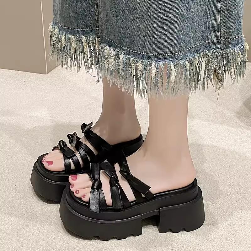 

Модные женские тапочки на толстой танкетке, лето 2024, новые тапочки-маффины с открытым носком и бантом высотой 7 см 39 чёрный