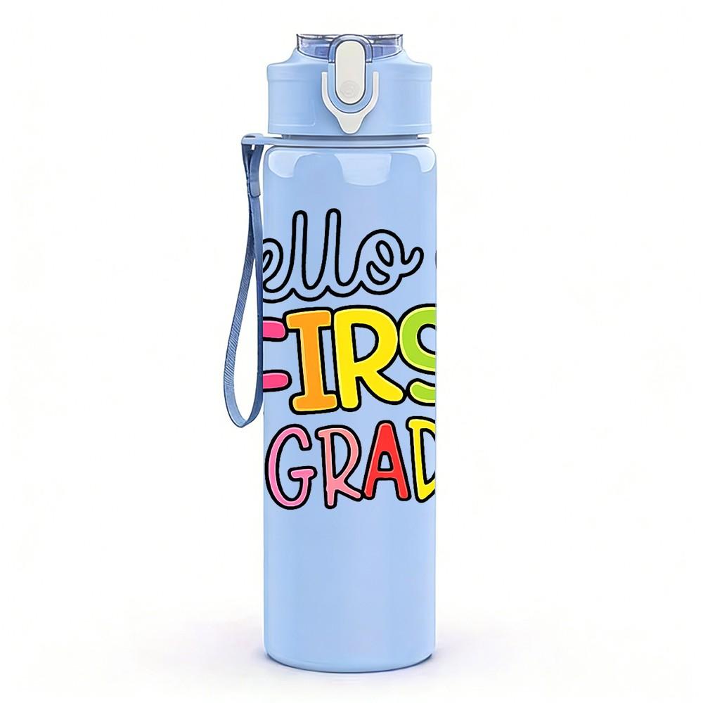 1PC Hello First Grade Apple Rainbow 750ml Color Plastic Sports Water Bottle Leakproof Flip Straw Lid Suitable for Sports Office Home Use