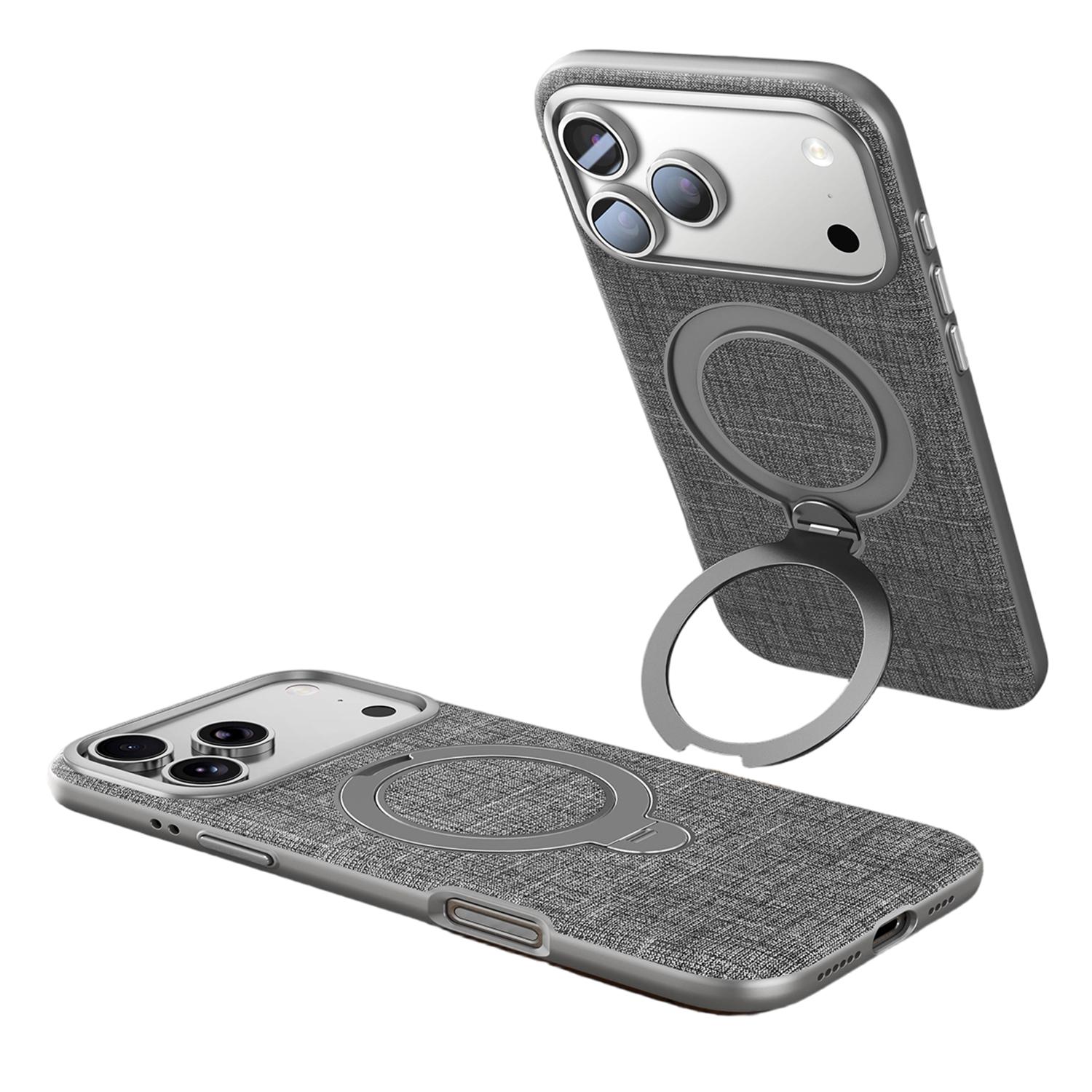 JAUCASE For iPhone 17 Pro Magnetic Case Linen Texture Rotary Ring Kickstand PC + TPU Phone Cover
