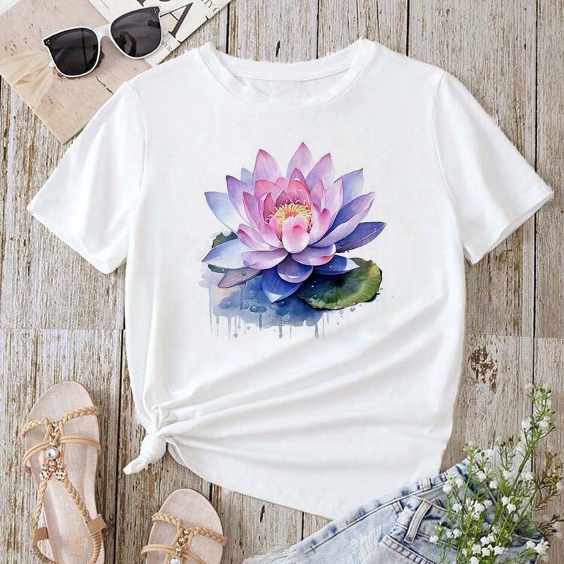 Trendy Lotus Flower Print Women T-shirt Streetwear Short Sleeves Tee Tops Summer Cute Woman Clothes Tops
