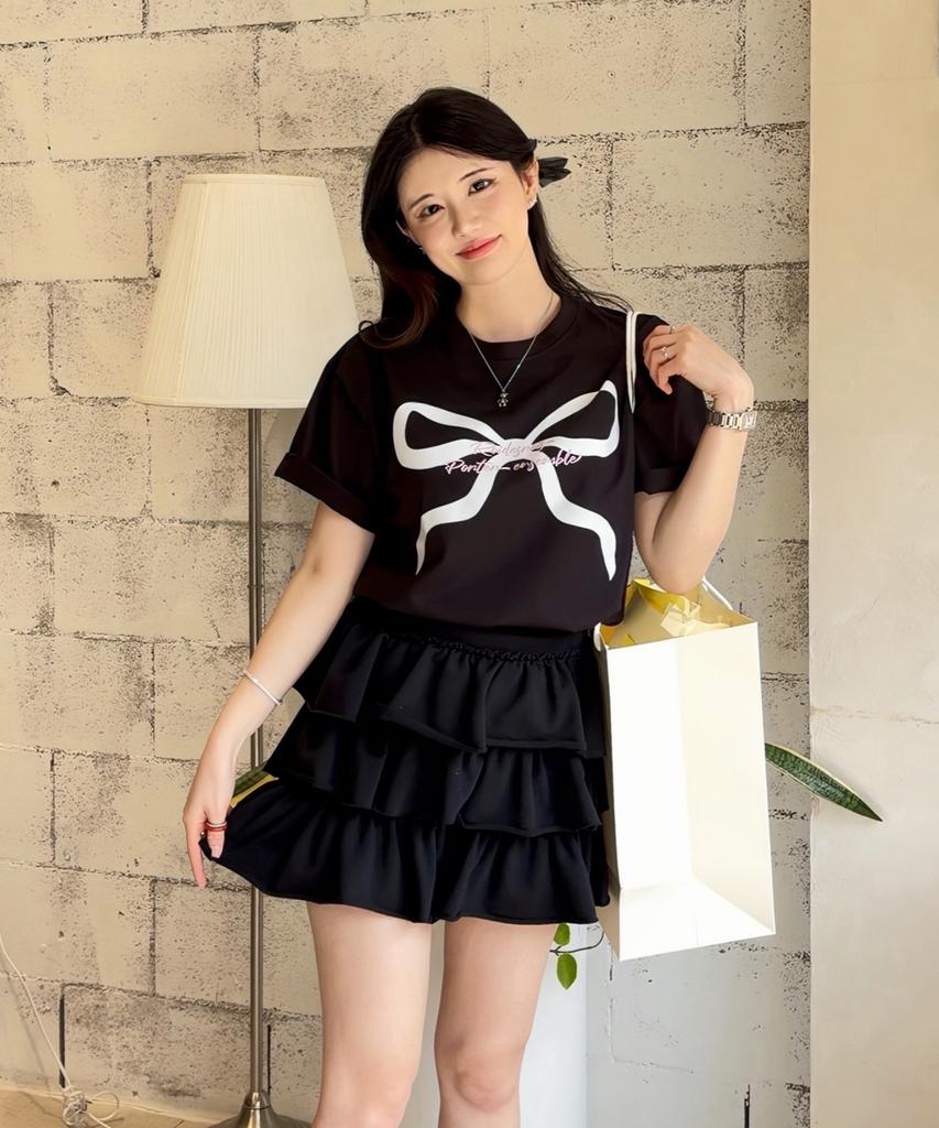 ROIDESROIS Ribbon Print Oversized Short Sleeve T-Shirt (Black)