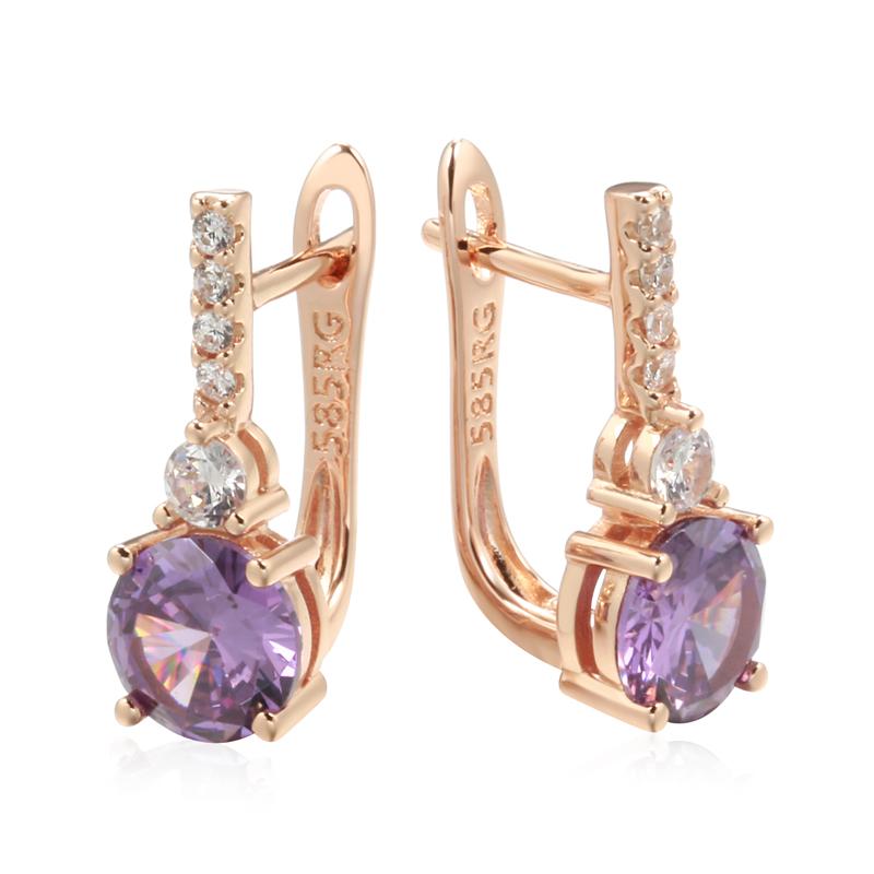 Boucles d'oreilles rondes de luxe en zircon naturel violet, style anglais, pour femmes, couleur or rose, mariage, bijoux fins quotidiens, cadeau pour fille