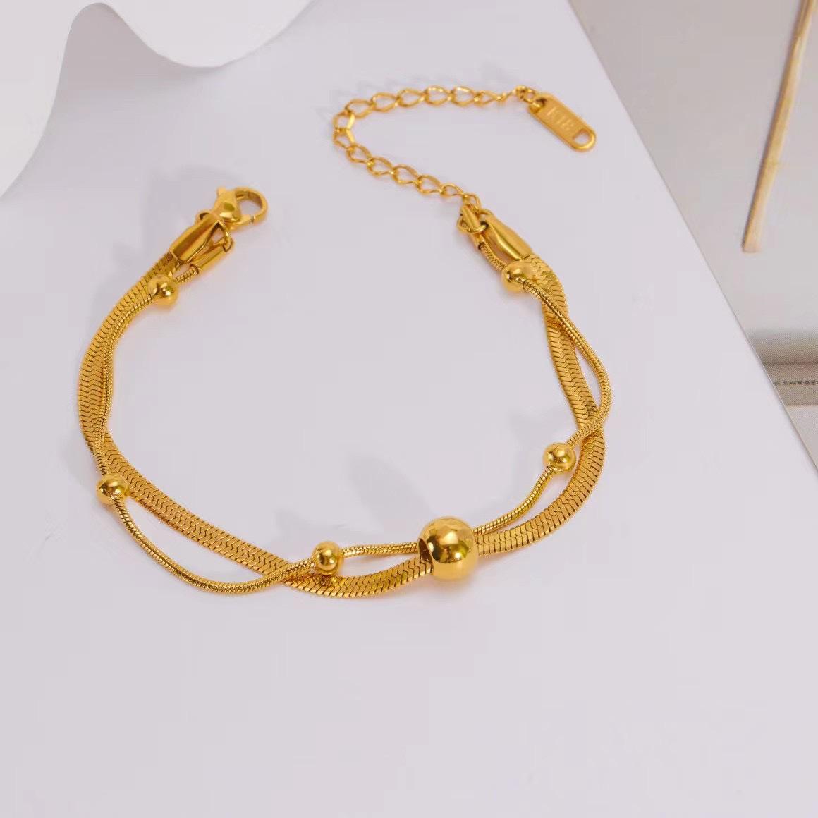 

Ретро Минималистичное Двухслойное Титановое Ожерелье с Золотыми Бусинами - Легкая Роскошь, Цепочка для Ключицы