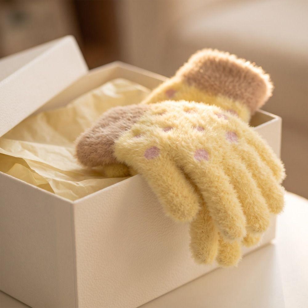 Polka Dot Five-Finger Gloves Touchscreen Warm Gloves Sweet Knitted Gloves Riding