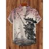 Men's Warrior Cat Art Linen Shirt Blossom Print Casual Hawaiian Shirt Summer Short Sleeved Shirt Top
