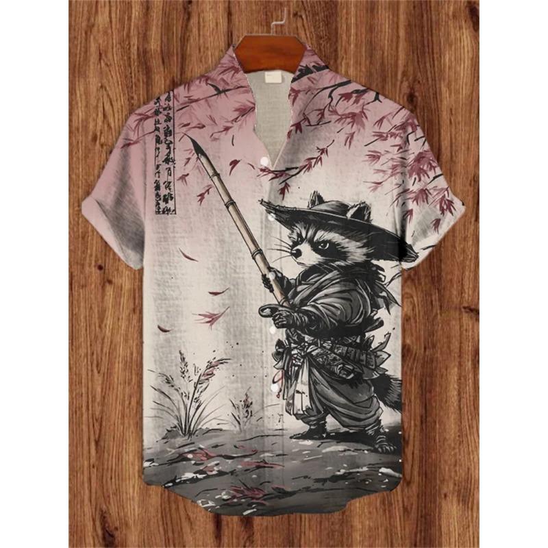 Men's Warrior Cat Art Linen Shirt Blossom Print Casual Hawaiian Shirt Summer Short Sleeved Shirt Top