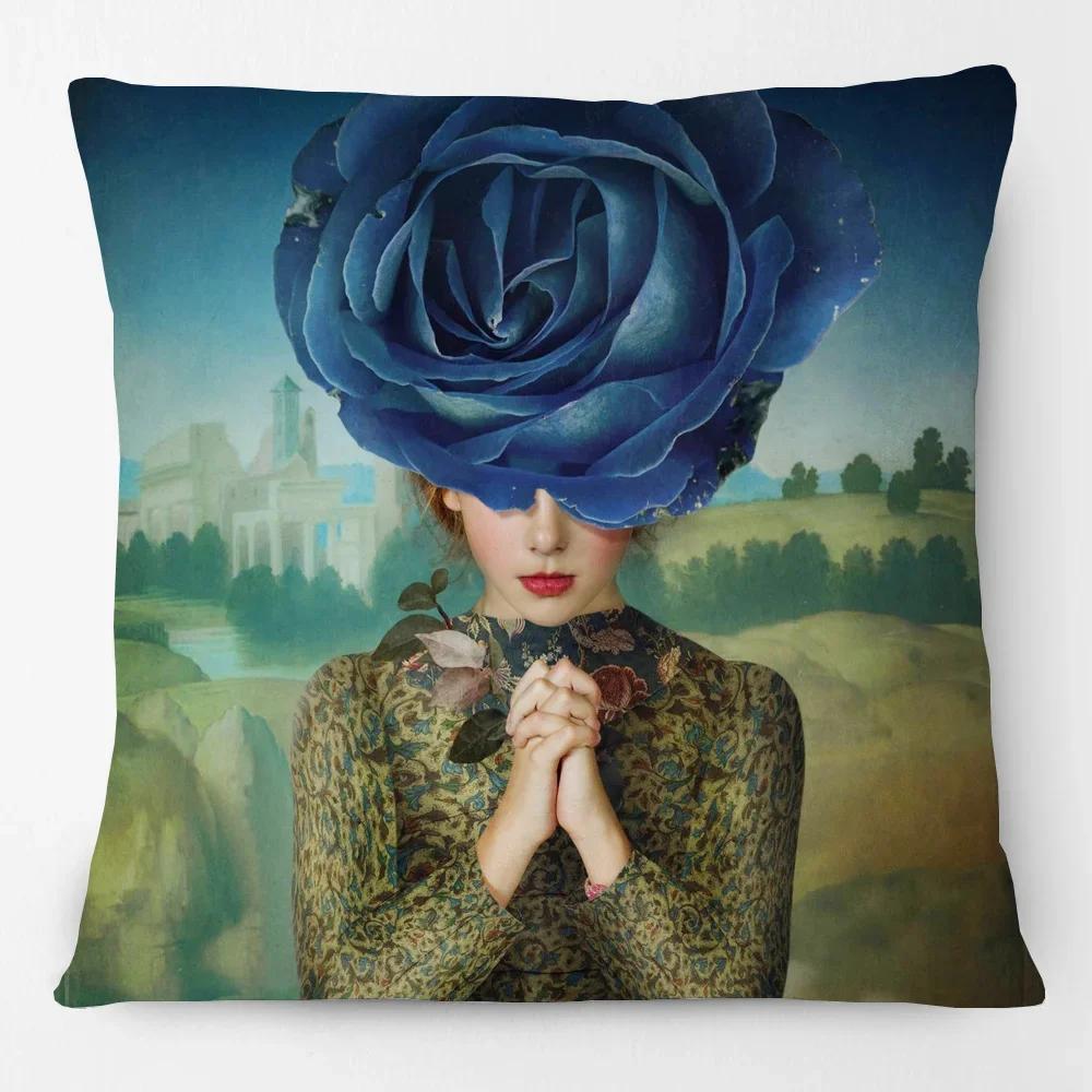 European Flower Painting Rose Dreams Woman Girls Portrait Poster Cushion Cover Birds Dove Home Pillow Case