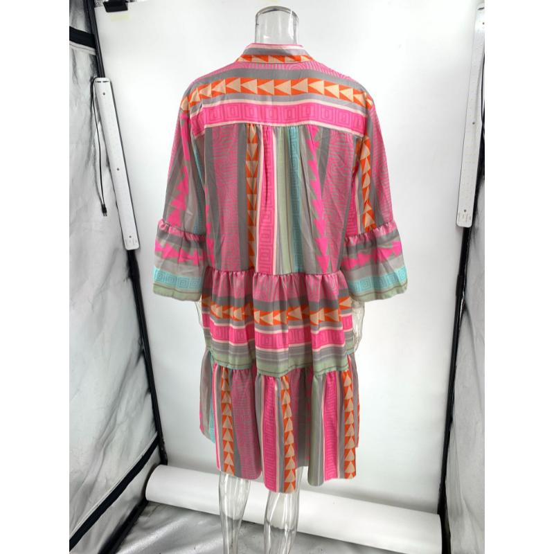 Women's Fall Vintage Print V Neck Dress, 3/4 Sleeve Loose Casual Boho Tiered Dress for Daily Wear