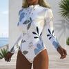Women Plus Size High Neck Long Sleeve Front Zipper Floral Print One Piece Swimsuit