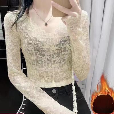 Tiefer V-Ausschnitt Spitzen-Unterhemd Damen Frühher Herbst Kurz Figurbetontes Mesh-Top Aushöhlungs-T-Shirt Stilvolle Langarmbluse