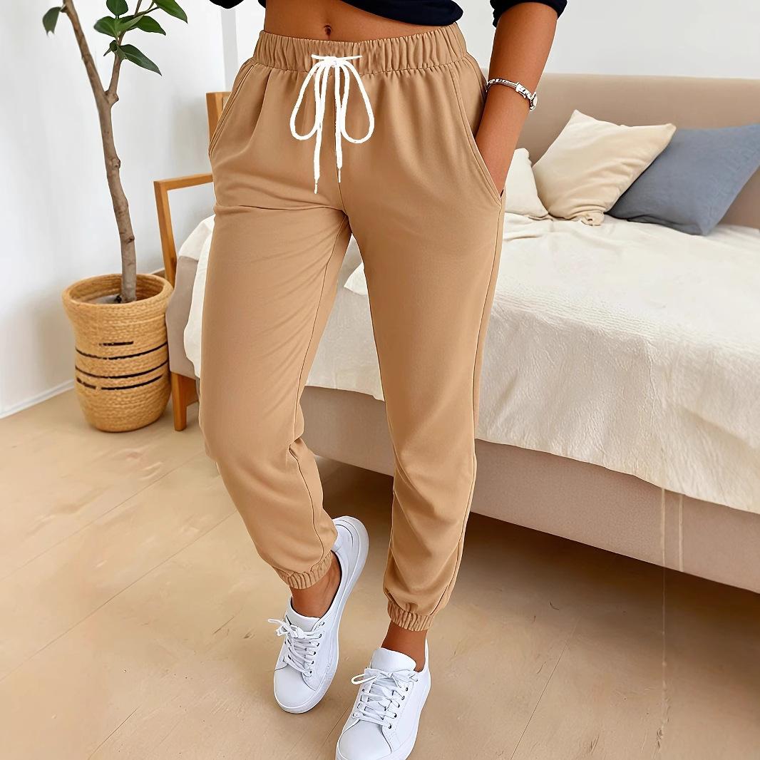 Women s Solid Color Casual Elastic Waist Lace-up Trousers Clothes Sale S хаки