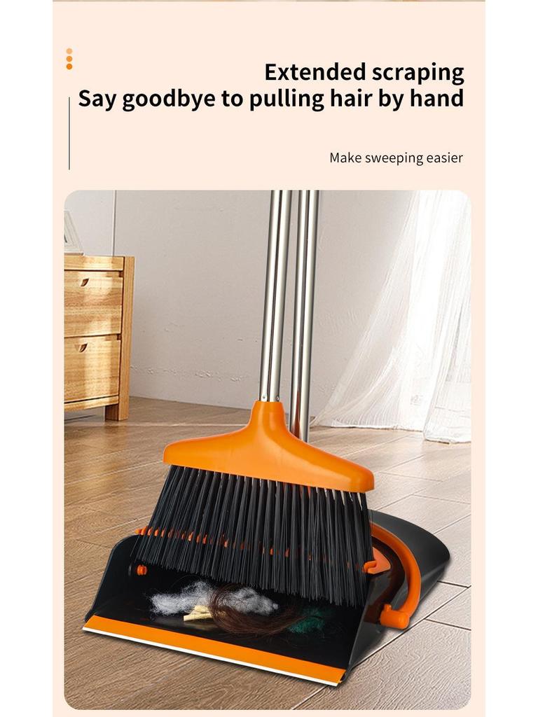 Family Upright Broom & Dustpan Set with Extra Long Handle for Indoor/Outdoor Use