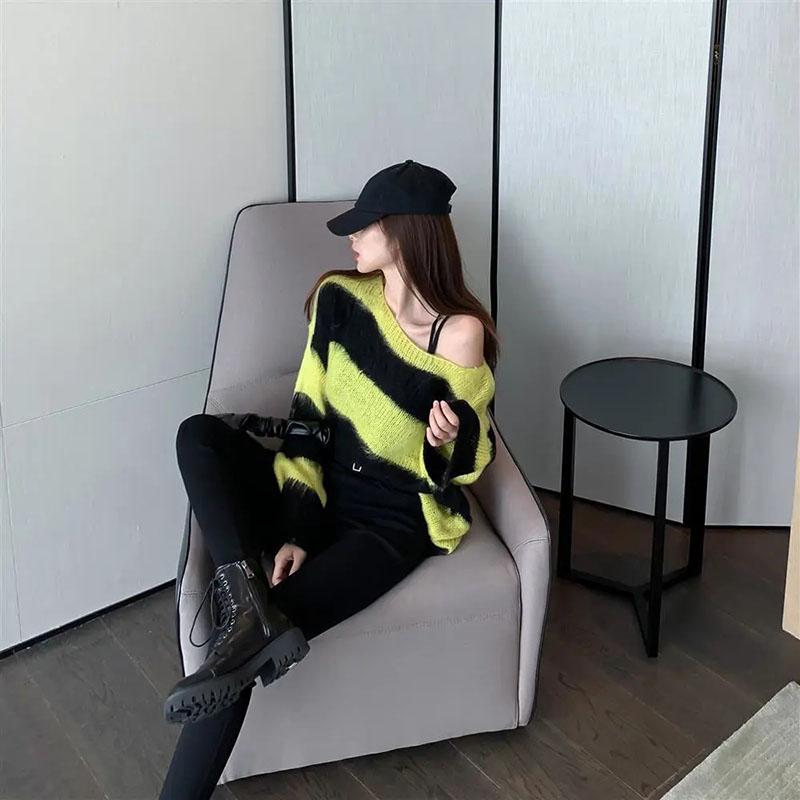 Pullover Off Shoulder Striped Sweater Mode Lockerer und fauler Strickpullover Mantel Damen Langarmshirt Herbst