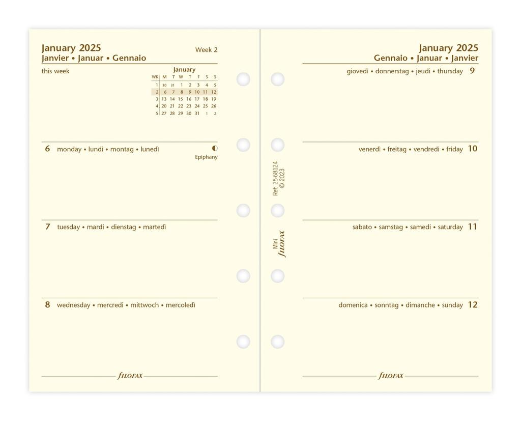 Filofax System Organizer Refill, 2025, January Start, Mini Weekly, Cotton Cream, 25-68124, Officially Imported