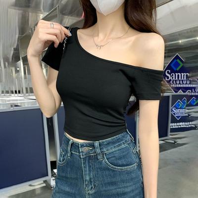 Damen S schulterfrei kurzärmlig figurbetontes T-Shirt Sommer Top