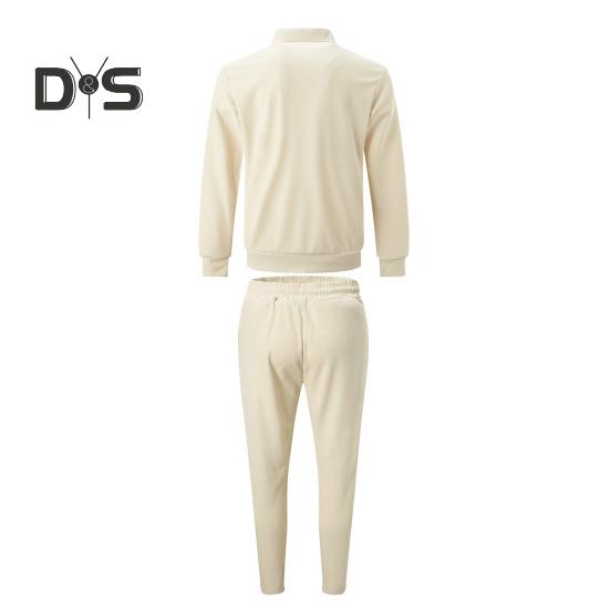 2Pcs/Set Men Autumn Suit Lapel Long Sleeve Zipper Placket Cardigan Elastic Drawstring Waist Long Pants Set Waffle Texture Casual Outfit