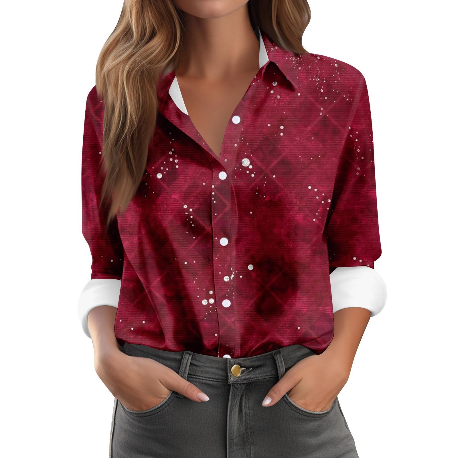 

Women s Long Sleeve Button Halloween Printed Casual Shirt Top XL винний