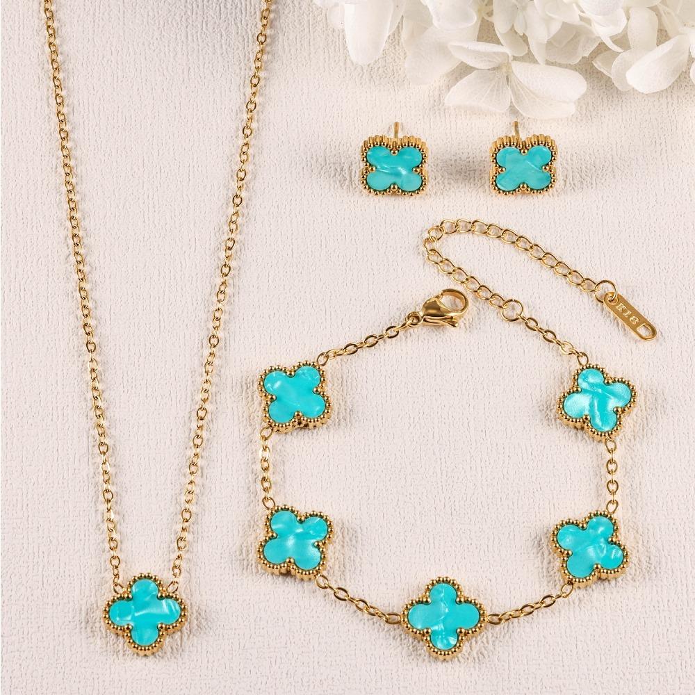 Four-leaf Clover Three-piece Necklace Bracelet and Earring Set - A Luxurious and Colorful Fashion Accessory Set