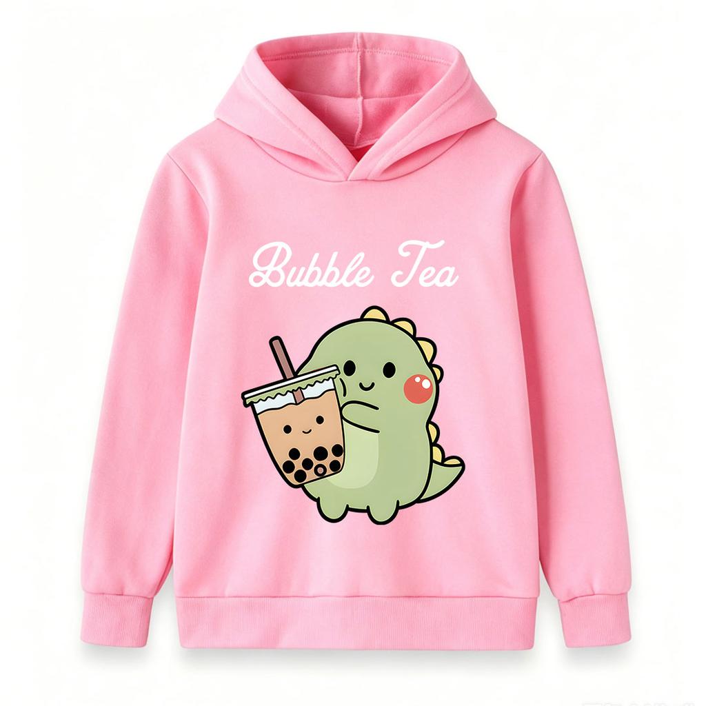 Kids Boys Girls Cute Dinosaur Bubble Tea Printed Pullover Hoodie, Soft Casual Long Sleeve Hooded Sweatshirt for Little Children Daily Wear