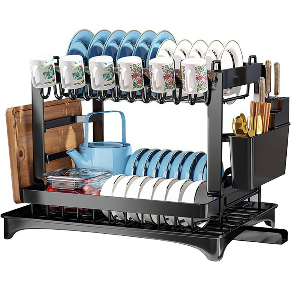 

Сушилка для посуды кухонная мойка Кухонный регулируемый органайзер для тарелок Сушилка для посуды и мисок Стойка для хранения Держатель для столовых приборов 2-tier чёрный