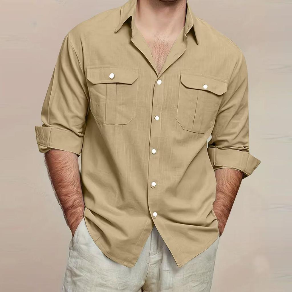 Camicia da uomo a maniche lunghe in cotone con doppia tasca, colori casual