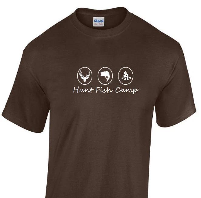 

Hunting Fish Camp White Script Camping T-Shirt Chocolate Brown Tee Shirt S-3XL 2XL