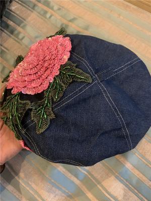 Ins Chic Design Stil Frühling Denim Rosa Perlenblumen Glänzend Luxus Damen Baskenmütze Frauen Freizeit Malermütze