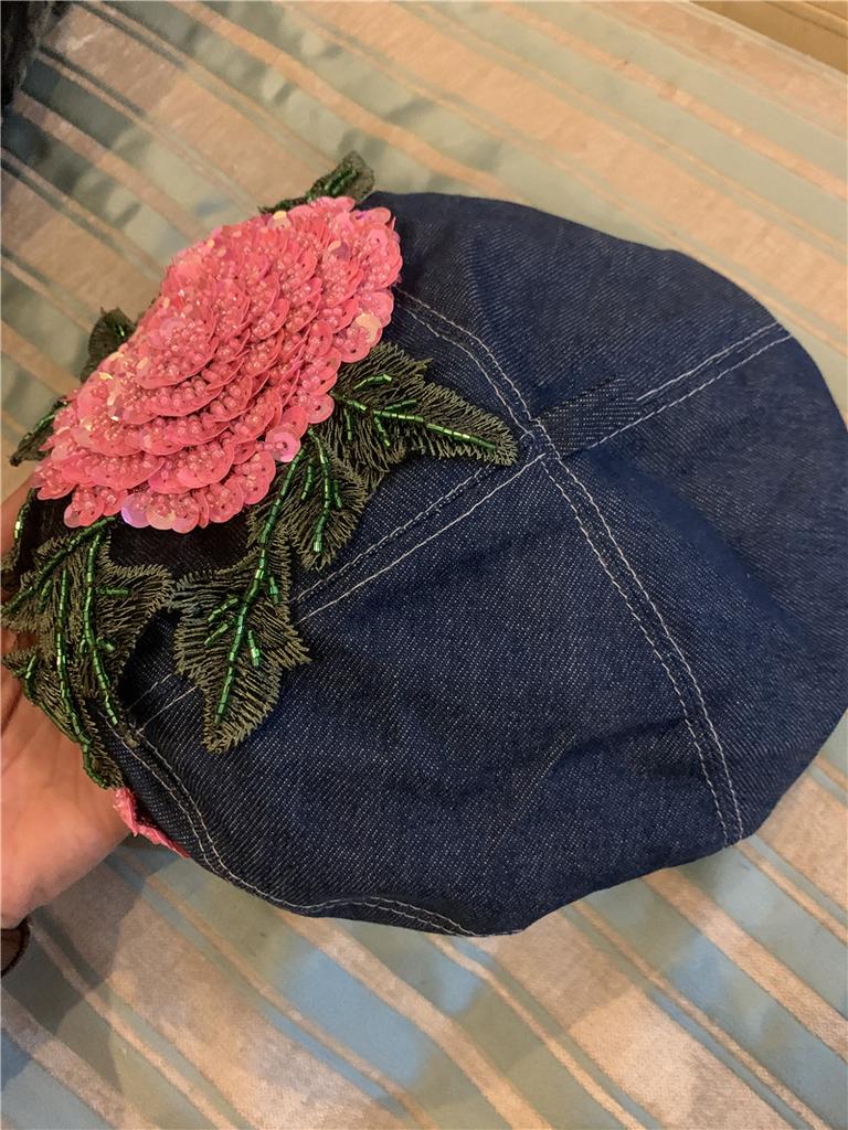 Ins Chic Design Style Spring Denim Pink Beaded Flowers Shine Luxury Lady Beret Cap Women Leisure Painter Hat